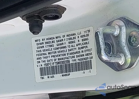 2021 Honda Civic Ex-L from USA, damaged, VIN 19XFC1F75ME002206